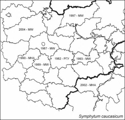 Расселение Symphytum caucasicum в Средней России