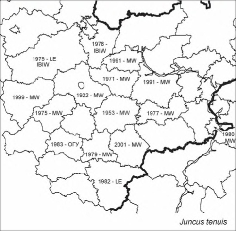 Расселение Juncus tenuis в Средней России